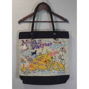 RARE Catstudio Marthas Vineyard Embroidered Canvas Tote Bag Black Cream NWT